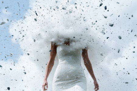 woman in white dress standing in snowstormの素材