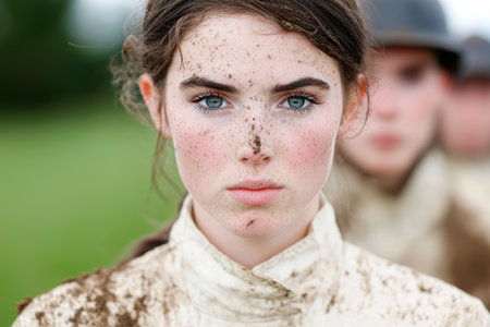 Captivating portrait of a young woman with striking blue eyes and freckled complexionの素材