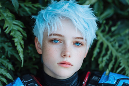 portrait of a young person with vibrant blue hairの素材