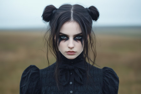 mysterious woman with dark hair and intense gazeの素材