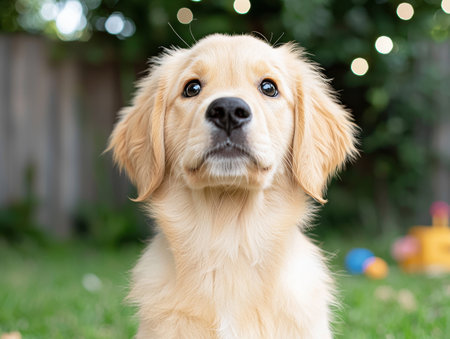 adorable golden retriever puppy in natureの素材