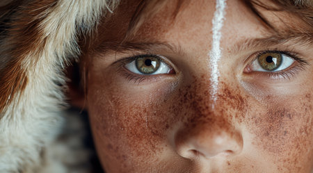 Closeup of a person's face with vibrant eyes and frecklesの素材
