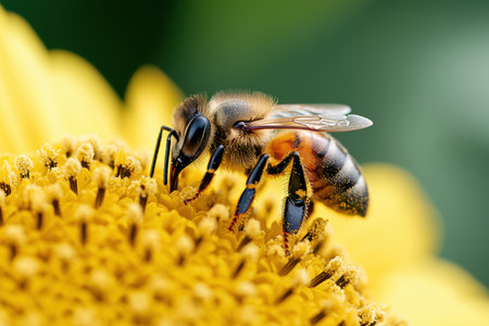 Closeup of a bee pollinating a yellow flowerの素材