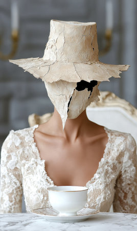 Mysterious woman in white lace dress holding teacupの素材