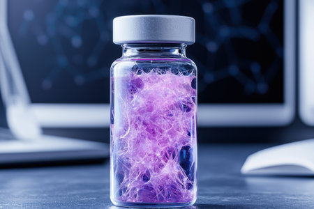 Vibrant purple crystal shards in glass jarの素材