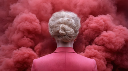 woman with elaborate hairstyle in front of pink smokeの素材