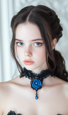 Captivating portrait of a young woman with striking blue eyes and a delicate lace chokerの素材