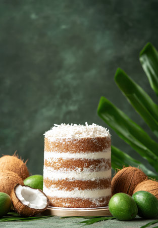 Delicious coconut cake with tropical fruitsの素材