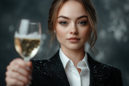 elegant woman in black and white outfit holding champagne glassの素材