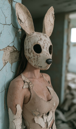 Creepy bunny mask in abandoned buildingの素材