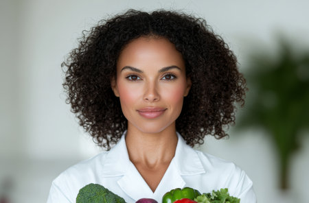 woman with curly hair holding fresh vegetablesの素材