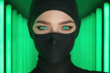 mysterious woman in black mask with glowing green eyesの素材