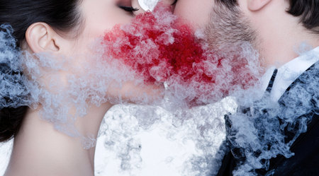 Artistic portrait of a person exhaling colorful smokeの素材
