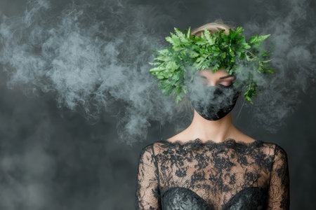 mysterious woman in lace and greeneryの素材