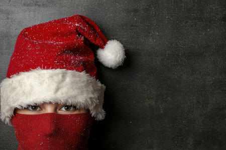 close-up of person in red santa hat and maskの素材