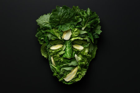 Healthy green leafy vegetables arranged in a face shapeの素材