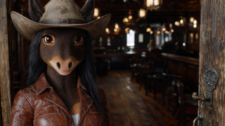 Curious cowboy creature peeking through wooden doorの素材