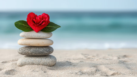 Peaceful zen garden with red rose and stacked stonesの素材