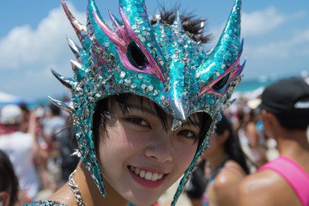 Smiling person in colorful carnival costumeの素材