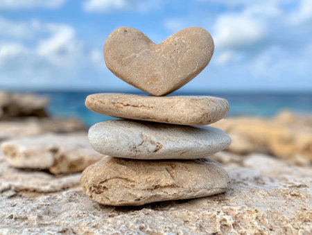 heart-shaped stone balanced on rocks by the oceanの素材