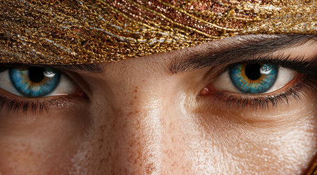 Closeup of a person's eyes with a golden hatの素材