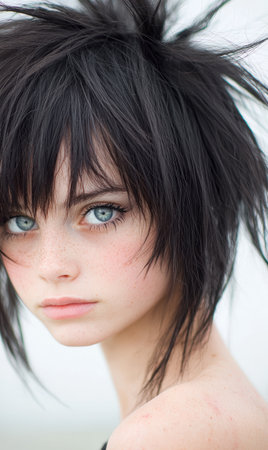 Captivating portrait of a young woman with striking blue eyes and dark, windswept hairの素材