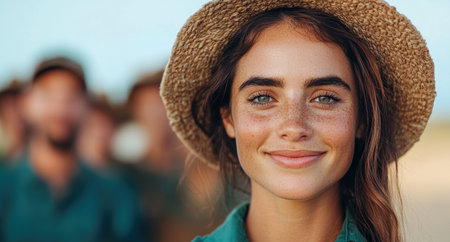 Smiling woman in straw hat enjoying sunny dayの素材