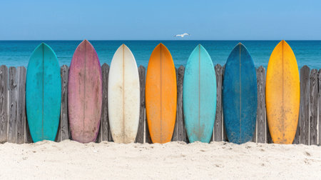 Colorful surfboards on sandy beachの素材