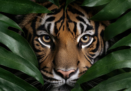 Intense tiger eyes peering through lush green leavesの素材