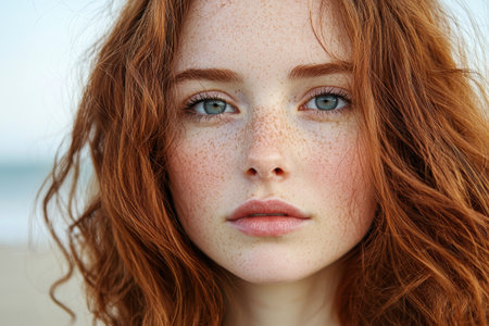 Closeup portrait of a young woman with red curly hair and frecklesの素材