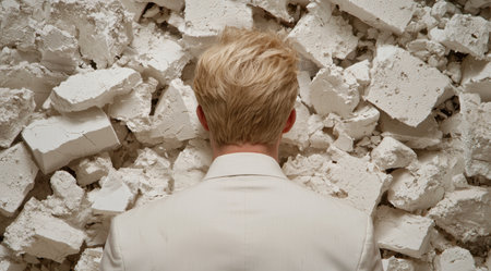 man in white suit standing in front of crumbling wallの素材