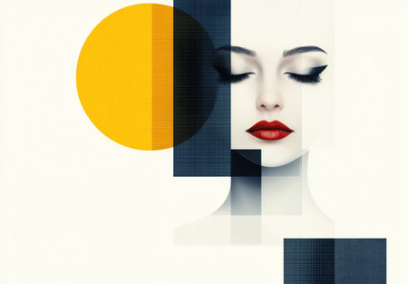 Artistic portrait of a woman with closed eyes and red lipsの素材