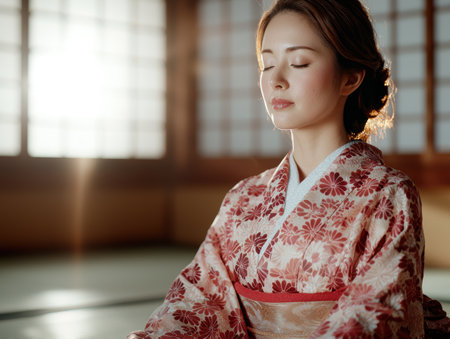 woman in traditional japanese kimono with eyes closedの素材