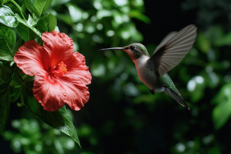 Hummingbird feeding on vibrant red hibiscus flowerの素材