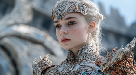 Powerful fantasy warrior woman with intricate armor and headdressの素材