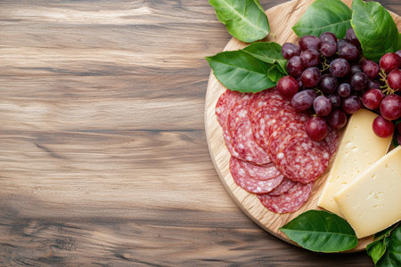 Assorted charcuterie board with salami, cheese, and grapesの素材
