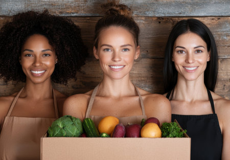 diverse group of women holding box of fresh produceの素材