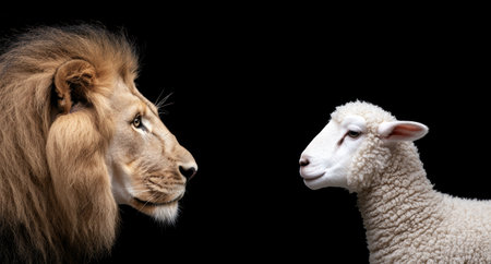 Powerful lion and innocent lamb face offの素材