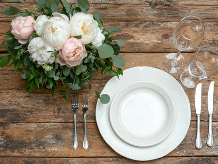 elegant table setting with flowers and glasswareの素材