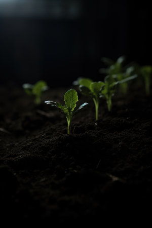small plant growing in dark soilの素材