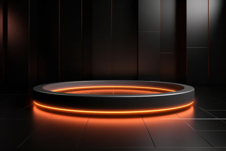 Futuristic glowing platform in dark roomの素材