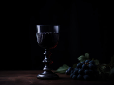 dark glass of red wine with grapesの素材