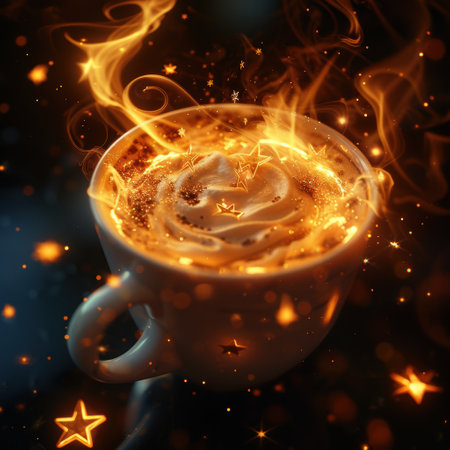 Magical glowing hot coffee with swirling steam and sparkling starsの素材