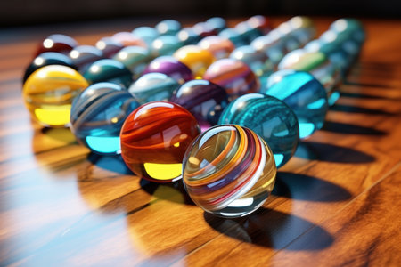 Colorful glass marbles on wooden surfaceの素材