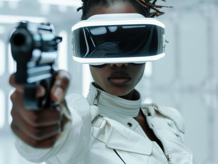 futuristic soldier aiming weapon in virtual realityの素材