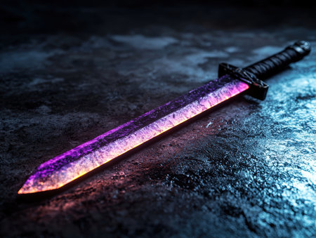 Glowing fantasy sword on dark backgroundの素材