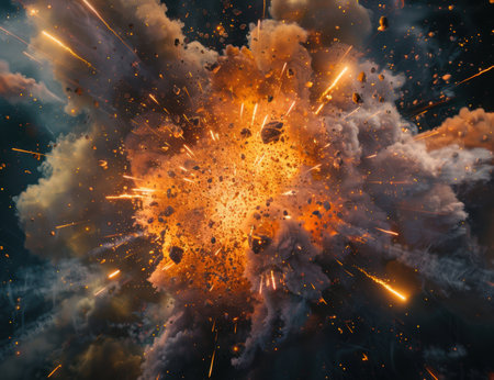Dramatic explosion with fiery debris and smokeの素材