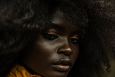 close-up portrait of a thoughtful african womanの素材