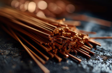 Closeup of shiny copper metal rodsの素材