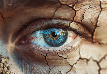 Cracked and weathered eye with vibrant blue irisの素材